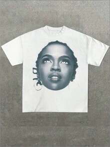 Break The System Lauryn Band Hill Lauryn Band, Casual Print, Comfortable And Versatile, 220g Pure Cotton Printed T-Shirt With Letter Pattern, Round Neck, Loose Fit. Suitable As A Gift. Women's T-Shirt. Blouses > Elegant. Boho Chic. Women's T-Shirt, Soft And Breathable: Perfect For Holidays, Travel And Festive Occasions, And Suitable For Wearing In Multiple Seasons. - 白色 - 查看 6