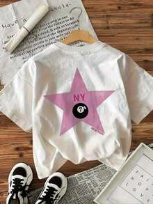 Short-Sleeved T-Shirt With Round Neck Graphic Print STAR NY NEW YORK 8 EIGHT LUCKY Polyester, Modern Casual  Cool Everyday Fashion Wholesale Low Price - 白色 - 查看 5