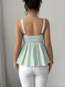 Nueva camiseta informal de primavera/verano para mujer, diseño de moda con tirantes de lazo, acento de lazo, a rayas azul y blanco, que ciñe la cintura, sexy y favorecedora, versátil para uso diario y citas - Verde - Ver 6