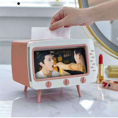 Caja de pañuelos con forma de TV multifuncional - Dispensador de pañuelos de plástico de estilo casual con soporte para teléfono - Caja de pañuelos de plástico con diseño de dibujos animados para escritorio de dormitorio estudiantil, accesorio de decoración del hogar de pie, sin electricidad ni madera requerida