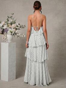 Vestido largo elegante y romántico de gasa con cuello de halter y volantes para invitados a una boda - Blanco y Negro - Ver 2