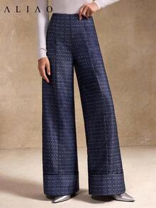 Pantalones anchos de pierna ancha de estilo palaciego bohemio vintage, de alta gama, de jacquard azul marino lavado, para mujer, adecuados para volver a la escuela, Año Nuevo, fiestas, uso diario y vacaciones - Azul marino - Ver 5