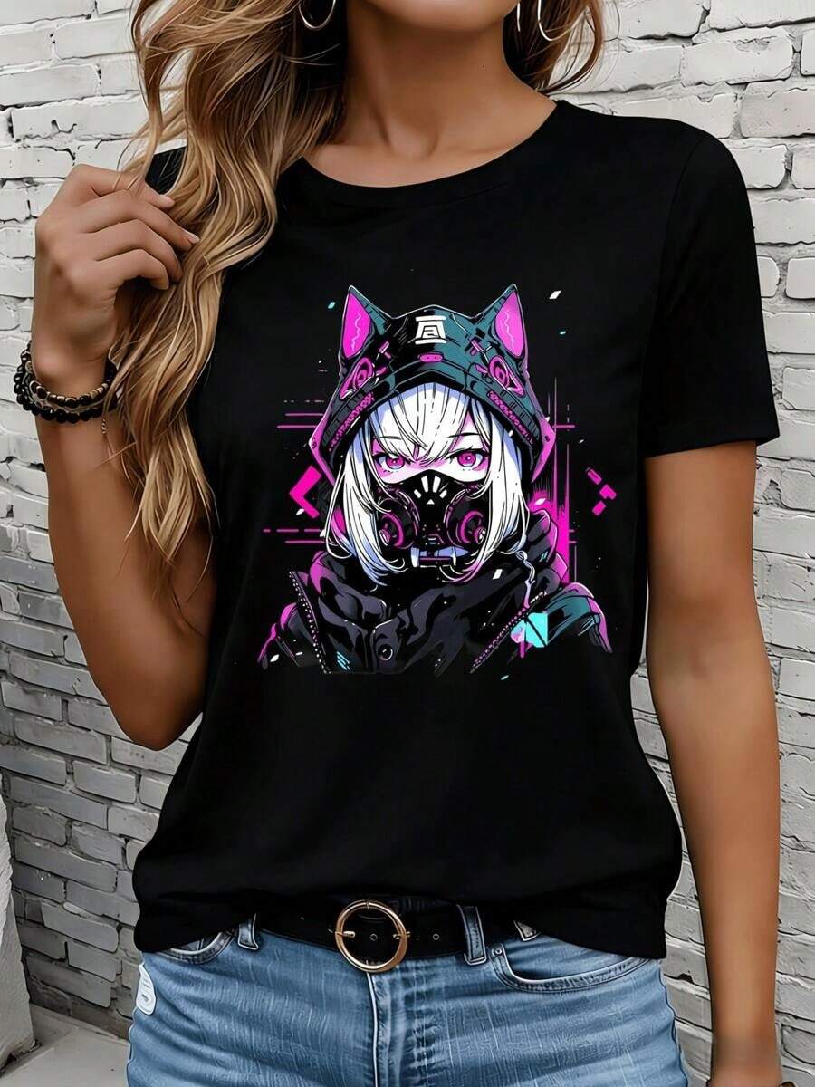 Las camisetas de manga corta para mujer en blanco y negro son adecuadas para el ocio diario, el hogar y los viajes al aire libre. Sudadera con capucha Cyberpunk Cat Girl, camiseta gráfica para mujer, moda anime gaming, ropa de calle casual, top informal, regalo para fiestas. - Negro - Ver 1