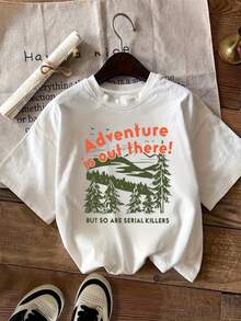 Plus Size Women's Short Sleeve Graphic T-Shirt - "Adventure Is Out There!" Pine Tree And Letter Print, Casual Crew Neck Loose Fit T-Shirt, Machine Washable, Spring Summer Outdoor Wear, Women's T-Shirts, Scenic Print T-Shirt, Comfortable Fabric - 白色 - 查看 6