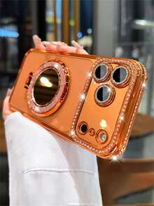 CTEGLODRIX Luxuriöse funkelnde Kristall Strass Spiegel Handyhülle mit Ständer, Strass Linsen Schutz stoßfeste Rückseite, mit Glitzer Make-up Spiegel, geeignet für iPhone, Frühlingsgeschenk, Party, internationale Version (nicht inländisch) - Orange - Übersicht 2