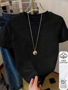 Camiseta de manga corta de cuello redondo de unicolor para uso diario casual de mujer - Negro - Ver 5