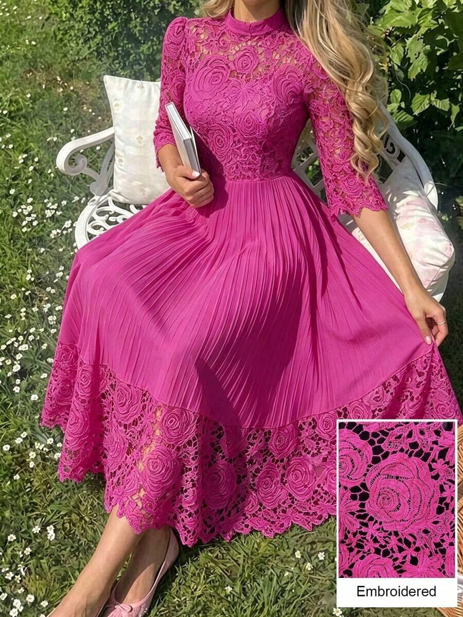 Vestido largo de manga larga con parches de bordado de ojal amarillo para mujeres - Rosa Fucsia - Ver 1