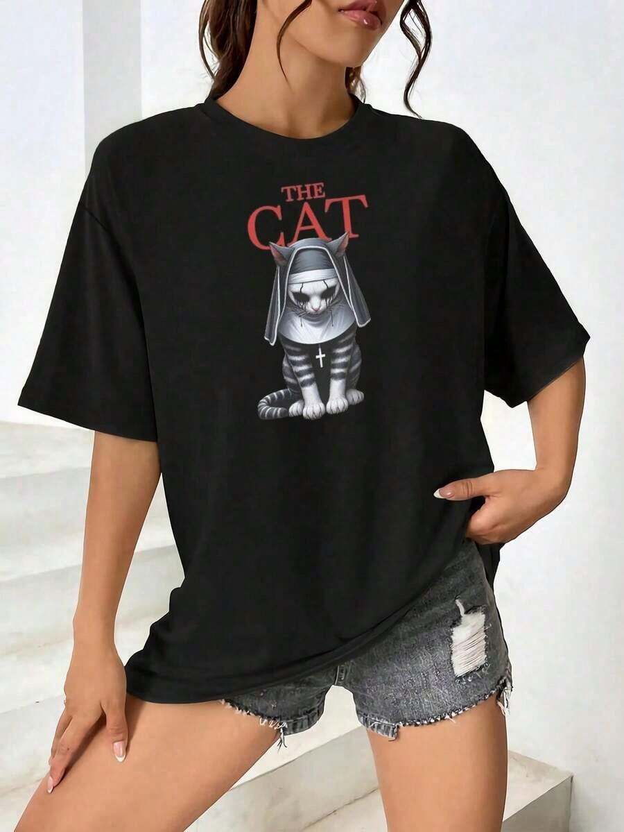 Camiseta divertida de gata monja para mujer - Gato gótico para Halloween, cosplay, ropa informal - Regalo de gato religioso para mujeres y hombres Blusas Bonito 100% Cotton - Negro - Ver 1