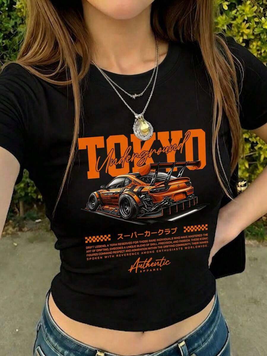 1 Piece Women's Short Sleeve Crew Neck Fitted Summer T-Shirt With Japanese Car Culture Graphic Print, Y2K Style Crop Top, Suitable For Beach, Street, Daily Wear, Work, Office Party, Outings And Parties - 黑色 - 查看 1