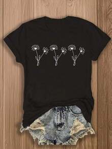 1 Piece, Three Pack Women's Short Sleeve Crew Neck T-Shirts, Vintage Casual Sporty Style, With Heart And Flower Print, 180g, 100% Cotton, Designs Are Printed. Unisex. - 黑3 - 查看 12