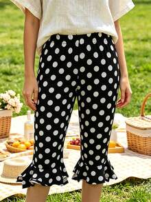 Womens Summer Knee Length Leggings Slim Fit Stylish Dot Print Ruffled Trim Mid Rise Capri Pants - Negro - Ver 2