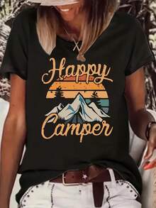Plus Size - Happy Camper Graphic Tee for Women - Casual Crew Neck, Short Sleeve, Lightweight Polyester T-Shirt with Vibrant Mountain & Sunrise Design - Perfect Gift for Camping Enthusiasts - Negro - Ver 2