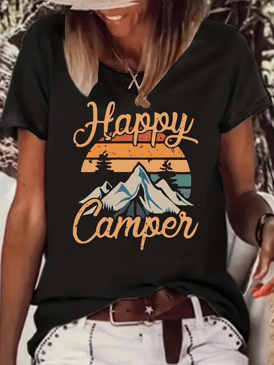 Plus Size - Happy Camper Graphic Tee for Women - Casual Crew Neck, Short Sleeve, Lightweight Polyester T-Shirt with Vibrant Mountain & Sunrise Design - Perfect Gift for Camping Enthusiasts