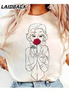 Vintage Camiseta Oversized con Estampado Gráfico "Princess & Rose" de LAIDBACK, Unisex, Manga Corta, Cuello Redondo, Estilo de Cuento de Hadas Caprichoso, Diseño Minimalista de Arte Lineal, Perfecta para Noches de Cine, Salidas Casuales, Uso Diario y para Fanáticos del Estilo de Cuentos de Hadas, Regalo Ideal para la Generación Z, Amantes de la Comodidad, Tejido de Algodón Suave y Transpirable, Color Blanco. Moda 100% Algodón - Blanco - Ver 7
