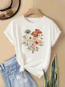 Women's Short Sleeve Cotton T-Shirt, Round Neck T-Shirt With Multicolor Bouquet Print - Casual Blouse, Machine Washable - Comfortable Top For Casual And Semi-Formal Outfits - In Stock (No- - 白色 - 查看 6