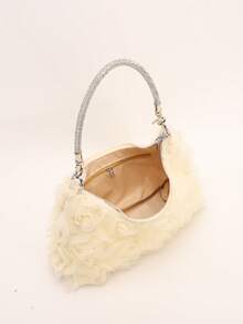 3种颜色可选的新娘3D玫瑰花手提包，镶钻手柄晚宴手拿包，完美的婚礼派对包和伴娘礼物 - 杏色 - 查看 5