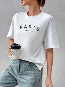 Camiseta holgada de estilo minimalista casual para mujer, con parte delantera corta y parte trasera larga, versátil para usar en la calle, adecuada para primavera y verano - Blanco 5 - Ver 4