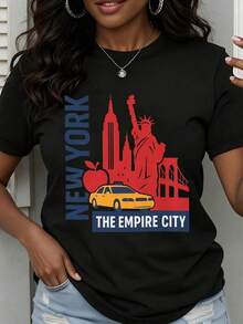 Camiseta de Cuello Redondo para Mujer con Estampado del Skyline de Nueva York, Estatua de la Libertad, Taxi y Manzana, Manga Corta, Estilo Casual de Verano - Negro - Ver 1