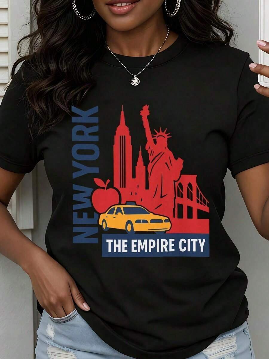 Camiseta de Cuello Redondo para Mujer con Estampado del Skyline de Nueva York, Estatua de la Libertad, Taxi y Manzana, Manga Corta, Estilo Casual de Verano - Negro - Ver 1