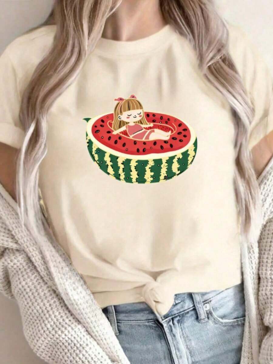 | 1 Women's 100% Breathable Cotton T-Shirt | Bright Yellow Watermelon Graphic Tee For Women - Casual Short Sleeve Crew Neck, Machine Washable, Perfect For Spring/Summer Vacation And Outdoor Fun - Ideal For Summer - Vintage Street Style Unisex Cotton Short Sleeve Crew Neck T-Shirt - 杏 - 查看 1