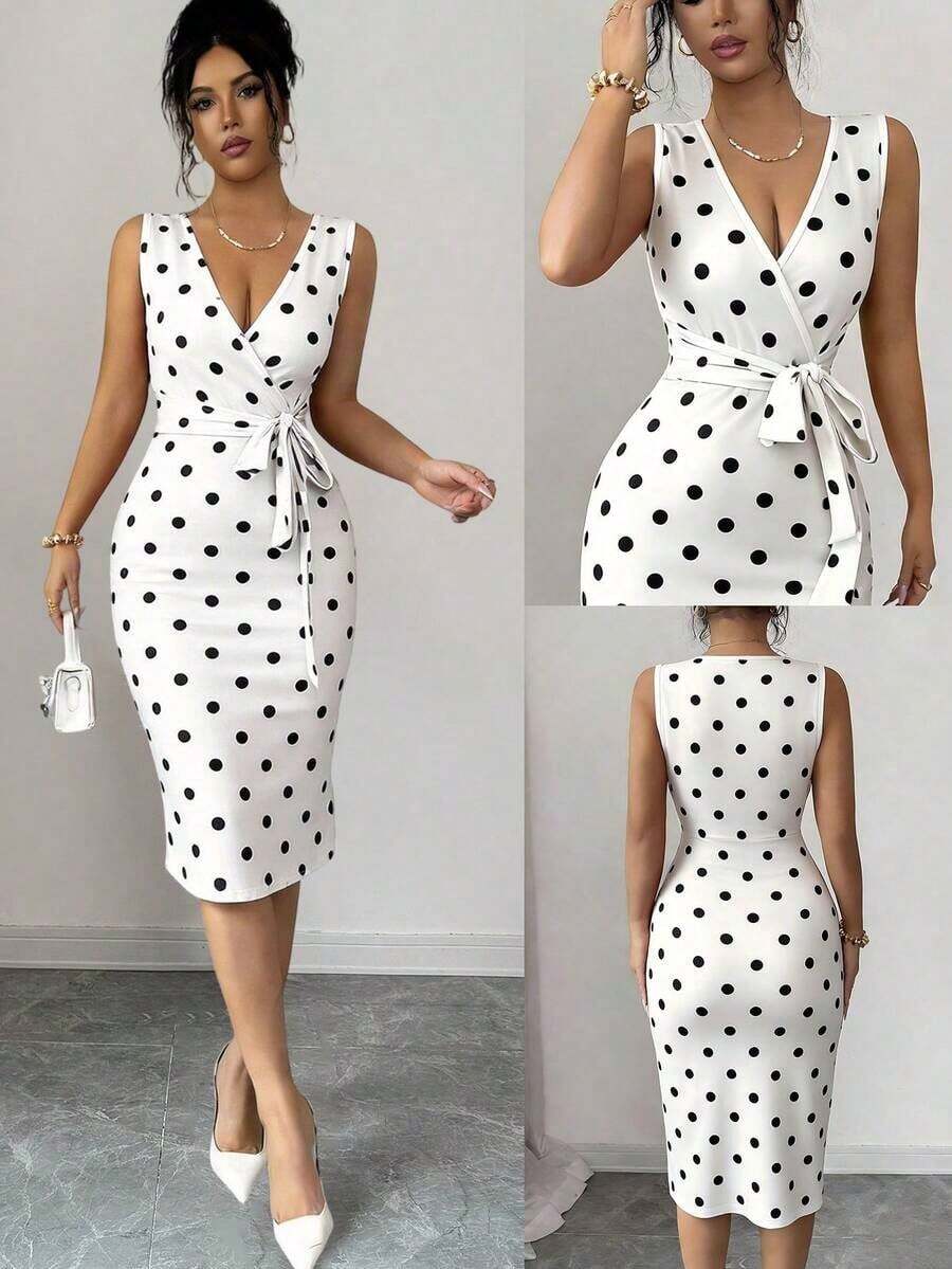 Vestido midi elegante sin mangas con estampado de encaje 3D, cuello superpuesto, cinturón en la cintura, uso diario casual, vestido de encaje elegante en color albaricoque - Blanco - Ver 1