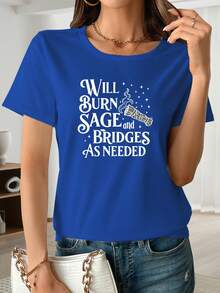Limited Edition Women's Lightweight Breathable Cotton T-Shirt With Burning Sage And Broken Bridge Print - Short-Sleeve Crew Neck Tee Made Of Soft, Breathable, Medium-Stretch Fabric With A Sage Print Design, Suitable For The Office And Casual Summer Wear - Casual Summer Garment (Machine Washable) Lightweight Cotton - 藍色 - 查看 12