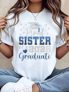 Unisex Short-Sleeved T-Shirt, Proud Sister Of A 2026 Graduate Design T-Shirt, Graduation Cap And Stars For Graduation Celebration, Men's T-Shirts, , Women's, Romwe Men, Boho Chic, Gifts For Teachers, Women's T-Shirt, Curvy Sets For Men, Y2k - 白色 - 查看 1