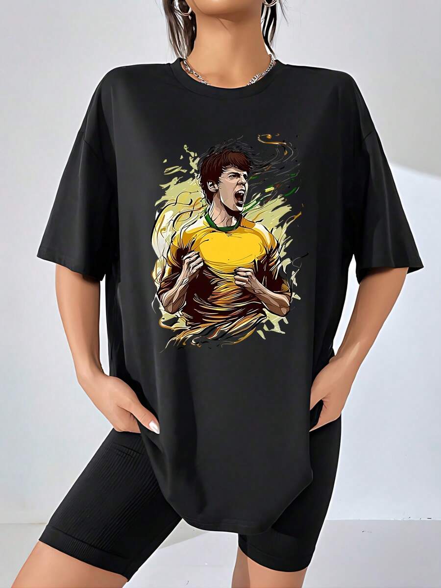 Artistic Image Of A Person Energetically Tearing Their Yellow T-Shirt, Representing Inner Strength And Self-Improvement, Amidst Dynamic Abstract Strokes. Women's T-Shirt, 100% Cotton, Comfortable, Stylish, And Perfect For Everyday Wear. - 黑色 - 查看 1