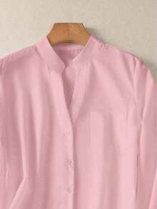 Camisa de mujer de unicolor con cuello en V y botones - Blusa casual y elegante de manga larga con detalle de bolsillo, adecuada para vacaciones, viajes y uso diario, artículo esencial para primavera, verano, otoño e invierno - Rosa Pálido - Ver 5