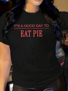 "It's A Good Day To Eat Cake" Short Sleeve T-Shirt For Thanksgiving, Great Gift For Men And Women, Cute, Funny, Autumn, Happy Thanksgiving Family T-Shirt, For Leisure. - 黑色 - 查看 1