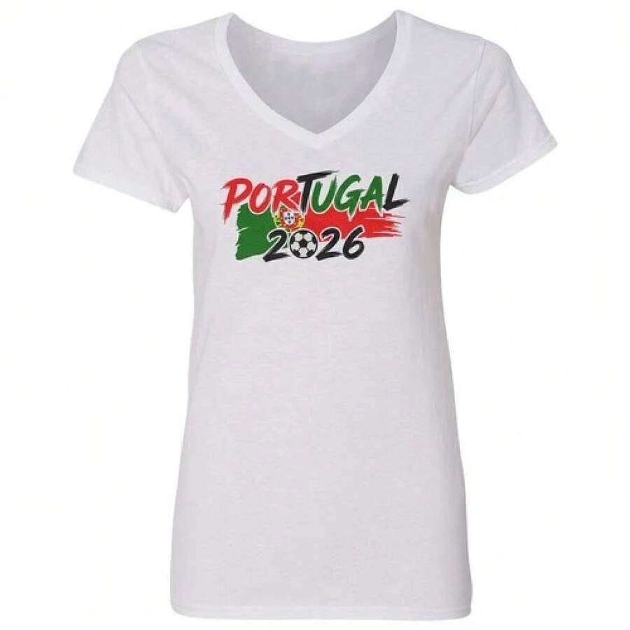 Camiseta con cuello en V para damas, con diseño de la bandera de Portugal - Para aficionados al fútbol 2026 - Negro - Ver 1