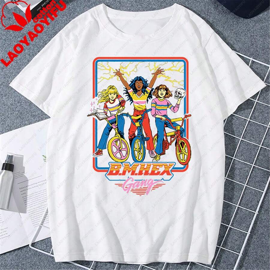 Camiseta informal de punto de manga corta con estampado gráfico único, top de estilo vintage para mujer. - Blanco - Ver 1