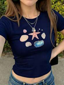 Camiseta corta de verano de mujer con estampado de flor de hibisco, estilo Y2K con abdomen descubierto, de manga corta, blanca, tipo baby camiseta - Azul marino - Ver 1