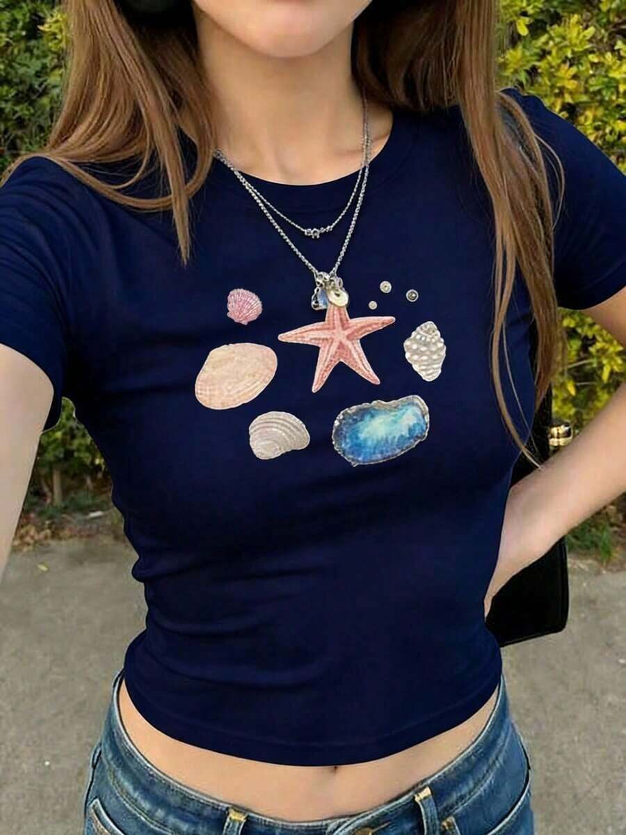 Camiseta corta de verano de mujer con estampado de flor de hibisco, estilo Y2K con abdomen descubierto, de manga corta, blanca, tipo baby camiseta - Azul marino - Ver 1
