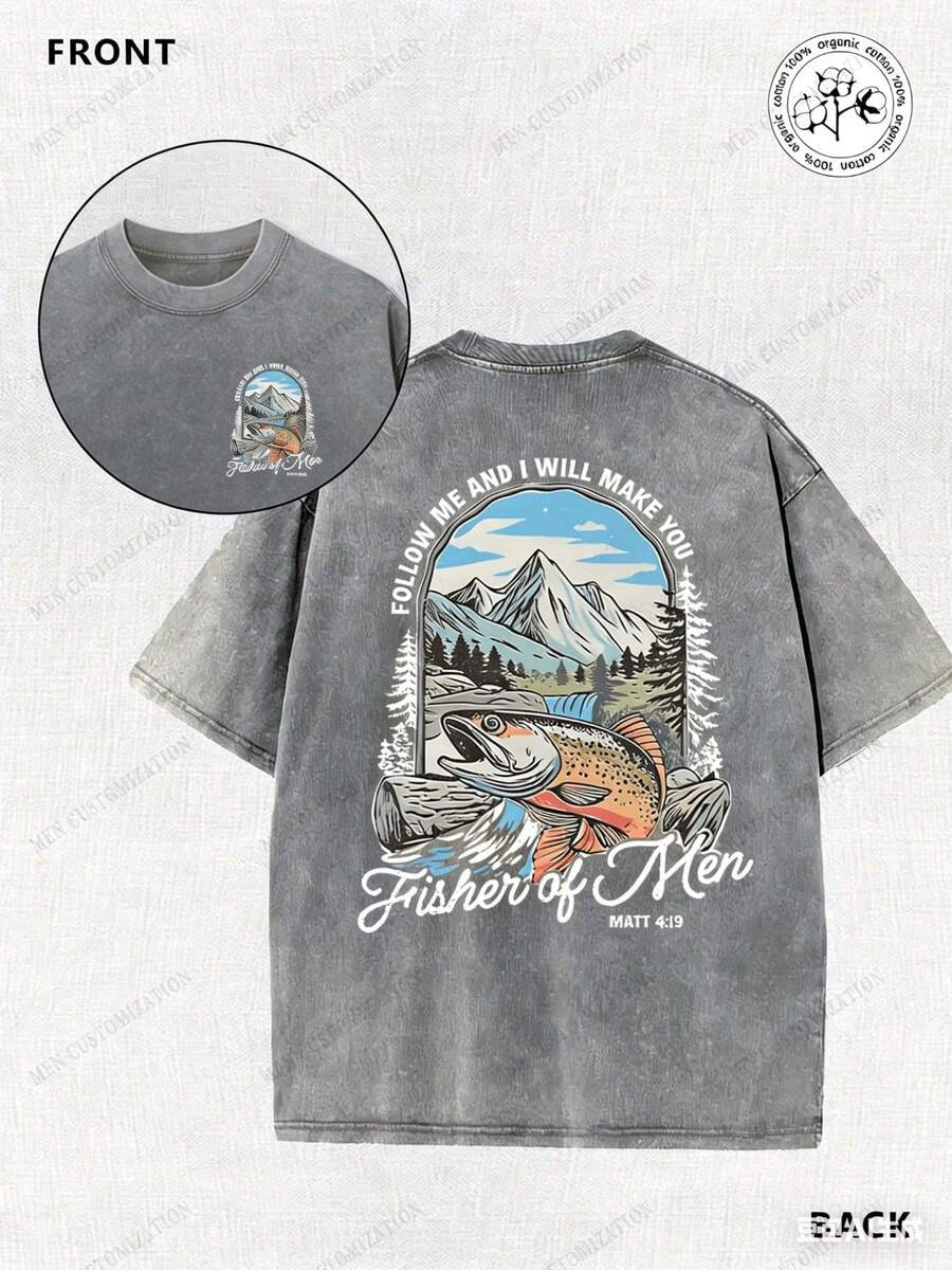 El Evangelio de Mateo, pesca, pescador, religión, camiseta de algodón 100% con estampado batik vintage lavado de doble cara de 250g, cómoda para el verano, sencilla e informal, camiseta de manga corta refrescante para hombre con un corte holgado informal. - Gris - Ver 1