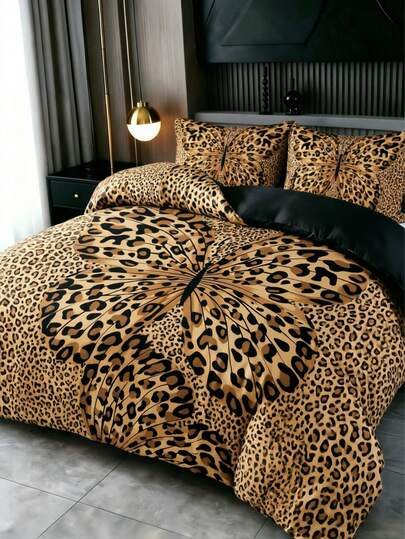 3Pcs Y2K Vintage Leopard Butterfly Print Duvet Cover Set ,Pillow Cover Pattern Is Random ,Duvet Cover Set (1 Duvet Cover + 2 Pillowcase Without Pillow Insert), Bedding Set, Soft Warm And Cozy Bedding Set For Bedroom, Guest Room, Dormitory Decoration Soft Skin-Friendly