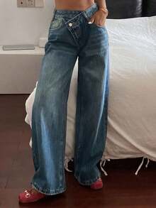 Jeans rectos de cintura baja con banda de cintura elegante para mujer - Azul lavado medio 2 - Ver 3