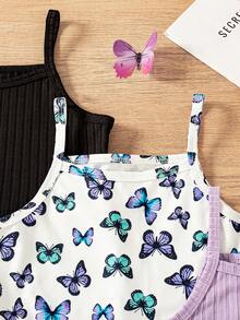 3pcs/Set Young Girls' Summer Fashion Versatile Butterfly Print Decorated Solid Color Ribbed Wave Hem Splicing Camisole Romper, Suitable For Outdoor Wear - Purple - View 9