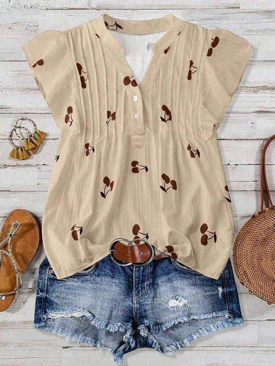 Blusa casual de mujer con estampado de cerezas, cuello plisado y mangas cortas de campana en silueta "H", para uso diario y vacaciones - Caqui - Ver 1