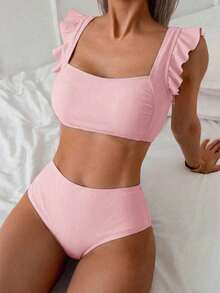 Conjunto de traje de baño para mujer, conjunto de unicolor con escote cuadrado tipo bandeau, tirantes con volantes - Rosa - Ver 6