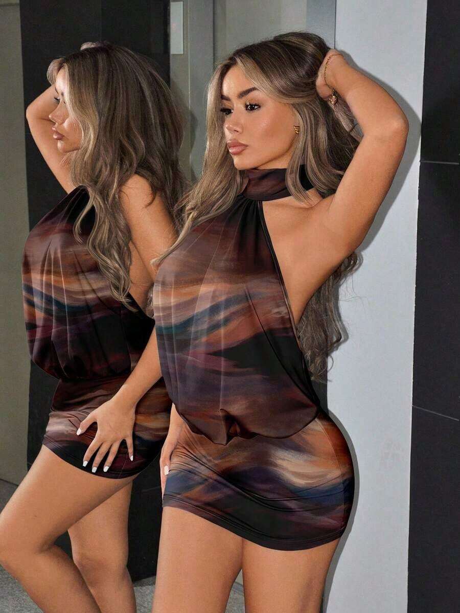 ICON Vestido mini ajustado con cuello alto, espalda descubierta y volantes - Multicolor 7 - Ver 1