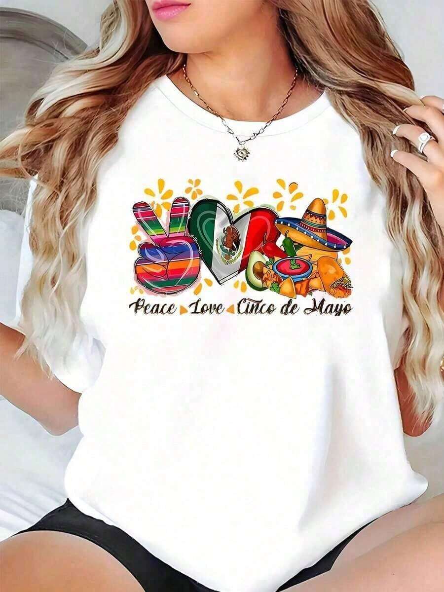 ropa de mujer Camiseta de moda para mujer, Camiseta estampada con motivos de Paz, Amor y Cinco de Mayo, blanca, para celebraciones festivas, camisas de mujer - Blanco - Ver 1