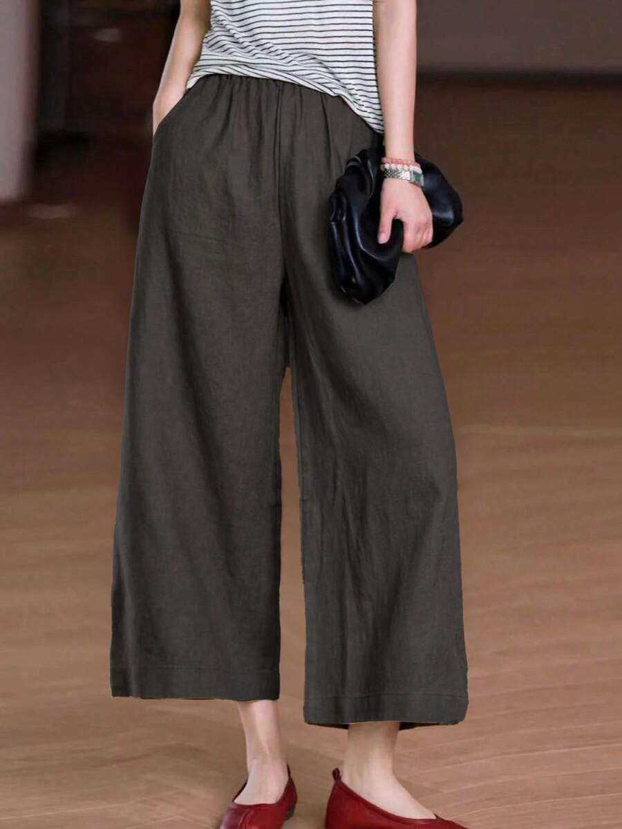 Pantalones anchos de lino de estilo bohemio casual de verano para mujer, de unicolor, con cintura elástica y bolsillos, para primavera - Gris - Ver 1
