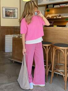 Women's Loose Fit Round Neck Drop Shoulder Short Sleeve Casual Knit Top In Pink Tones, Suitable For Home, Leisure, Vacation, Valentine's Day, Daily Wear, Beach Holiday Summer - Pink - View 8