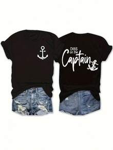 Plus Size T-Shirt With Anchor And Letter Print, Casual Short Sleeve Top For Spring And Summer, Plus Size Clothing For Women. - Black - View 1