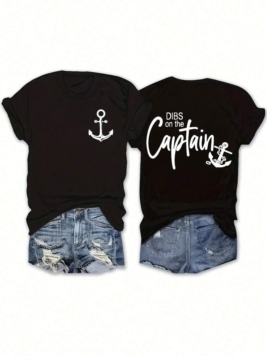 Plus Size T-Shirt With Anchor And Letter Print, Casual Short Sleeve Top For Spring And Summer, Plus Size Clothing For Women. - Black - View 1
