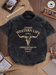 Camiseta De Manga Corta De Verano De Ajuste CeñIdo, Estilo Vintage Coreano Chic Y2K, Con Estampado GráFico úNico Personalizado "Western Cowboy Horn Letter" En Un DiseñO Divertido E Impreso En AlgodóN Para Mujer - Negro - Ver 7