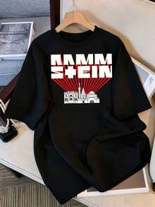 2026 T-Shirt, Rammstein City Silhouette Sunburst Graphic T-Shirt, Oversized Metal Band T-Shirt, Black Cotton Casual Top, Retro Bootleg Style K-Pop Idol Oversized T-Shirt, Vintage Graphic Print T-Shirt, Loose Short Sleeve Casual Top, K-Pop Fan Merchandise, Black Streetwear T-Shirt For Fans, Vintage K-Pop Star Graphic T-Shirt, Oversized Short Sleeve T-Shirt With Retro Lightning Bolt Letter Print, Black Crew Neck Casual Top, Streetwear Style Idol Fan Gift, Comfortable Loose Fit Cotton Blend T-Shirt For Women And Men. - Black - View 6
