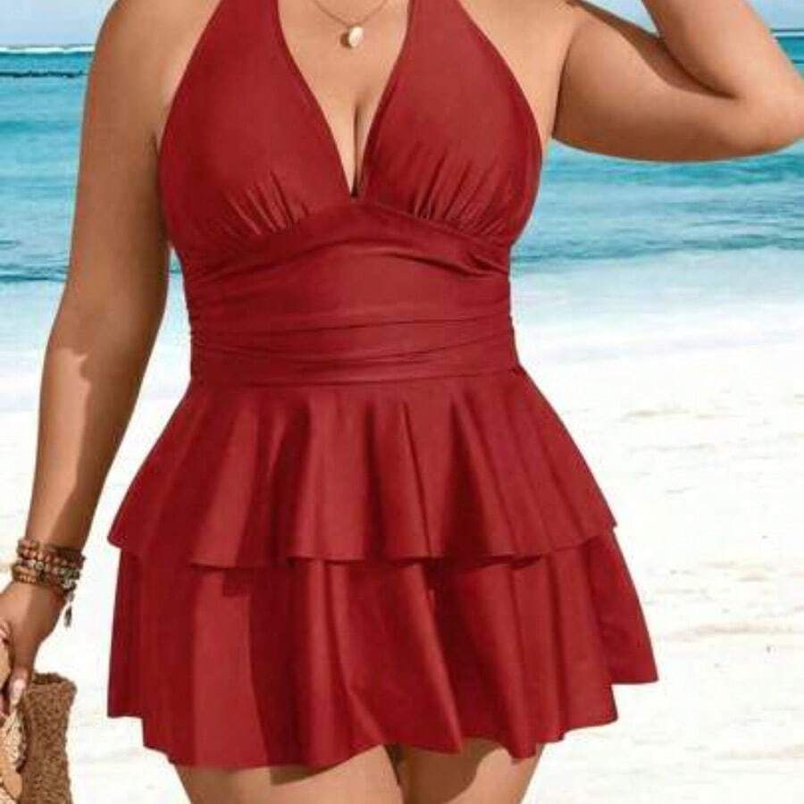 Swim Lushore Plus Size Solid Color V-Neck Ruffle Multi-Layer Hem Swimwear Dress Two Pieces Set, Fashionable Resort Style For Women For Summer Beach Vacation - Rojo - Ver 1