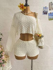 Conjunto de 2 piezas de top de manga larga con hombro asimétrico y degradado y shorts de moda para mujer - Albaricoque - Ver 1